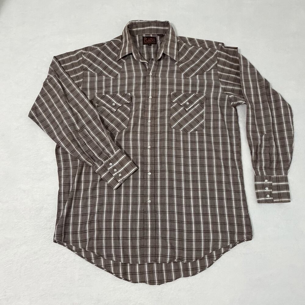 Plains Western Wear Shirt Mens Large Brown Plaid Long Sleeve Pearl Snap